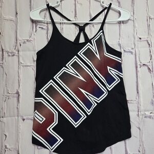 Victorias Secret PINK Tank Top Black Graphic Racerback Keyhole Back Womens Small